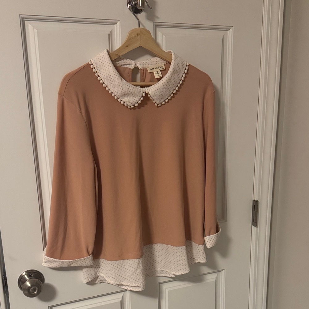 Faith and Joy Light Pink Blouse with White Accents